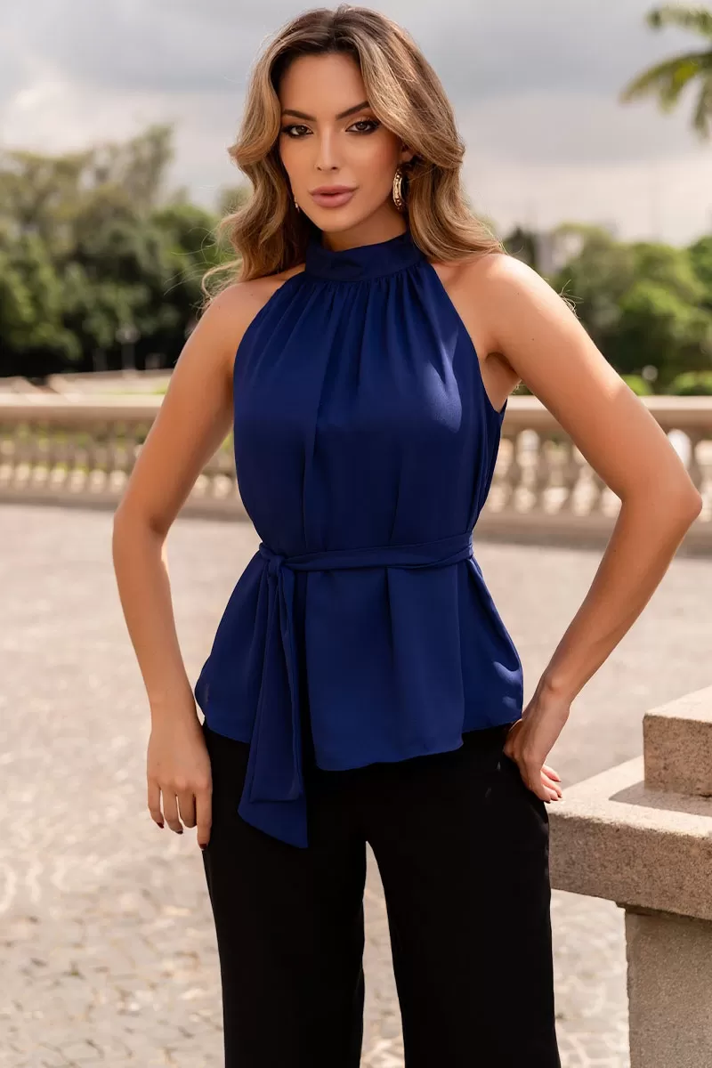Miss Misses - Blusa Nivia Crepe C/ Laço Na Gola Marinho - 54479004