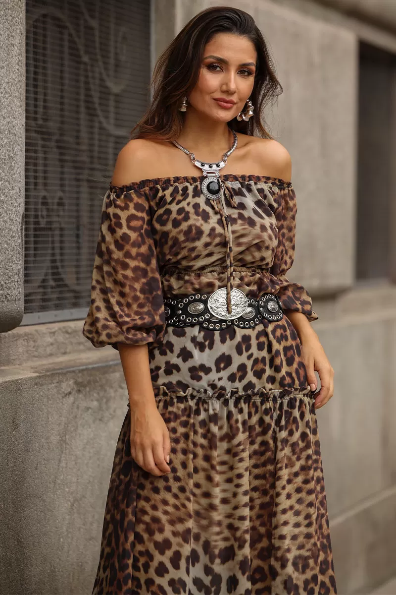 Miss Misses - Vestido Clara Crepe Estampado Longo C/ Fenda Marrom - 54527214