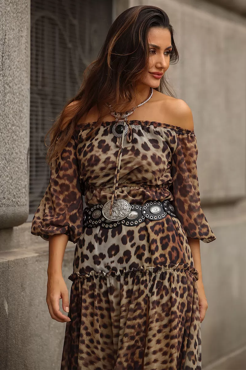 Miss Misses - Vestido Clara Crepe Estampado Longo C/ Fenda Marrom - 54527214