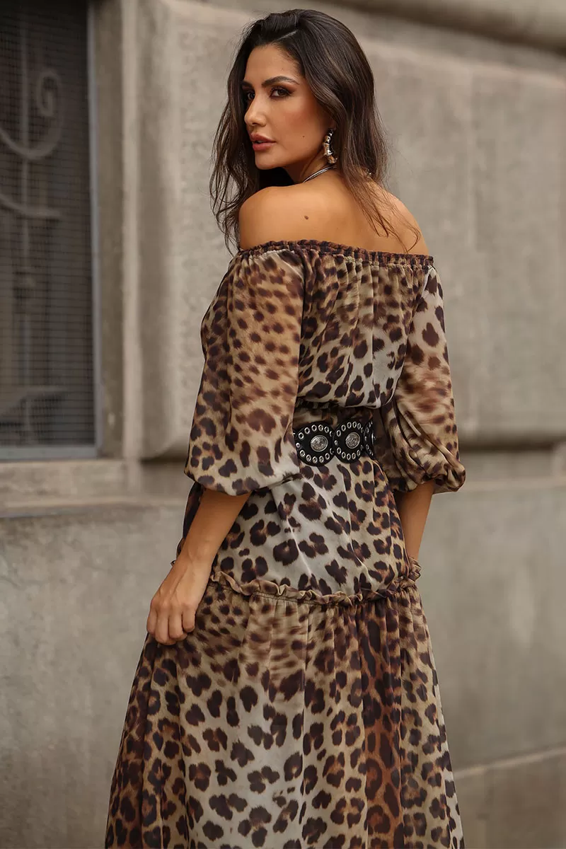 Miss Misses - Vestido Clara Crepe Estampado Longo C/ Fenda Marrom - 54527214