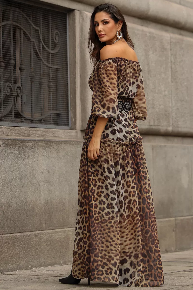 Miss Misses - Vestido Clara Crepe Estampado Longo C/ Fenda Marrom - 54527214