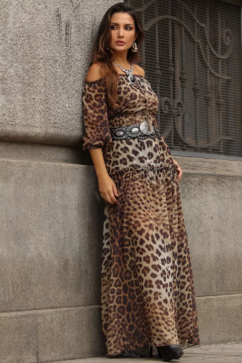 Miss Misses - Vestido Clara Crepe Estampado Longo C/ Fenda Marrom - 54527214