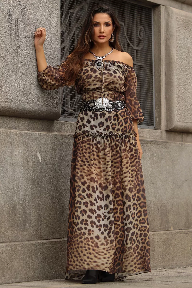 Miss Misses - Vestido Clara Crepe Estampado Longo C/ Fenda Marrom - 54527214