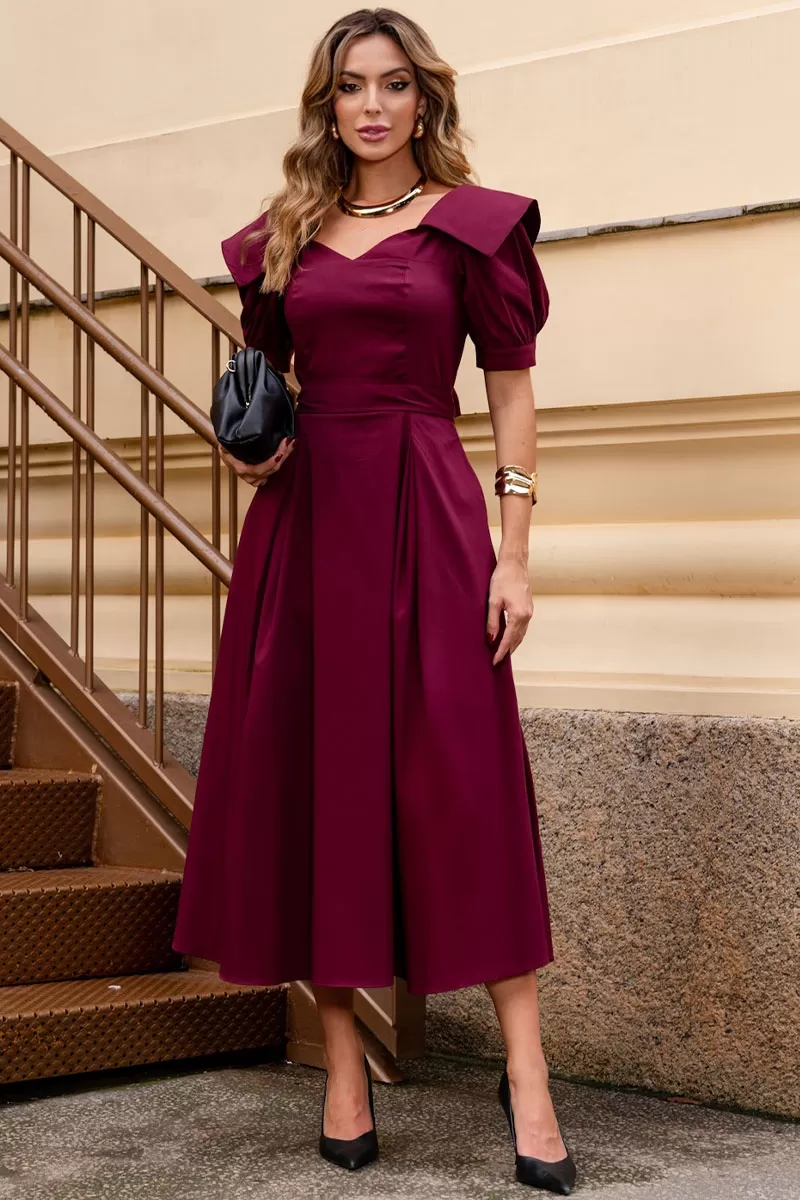 Miss Misses - Vestido Midi Karen C/ Gola E C/ Faixa Vinho - 54424006