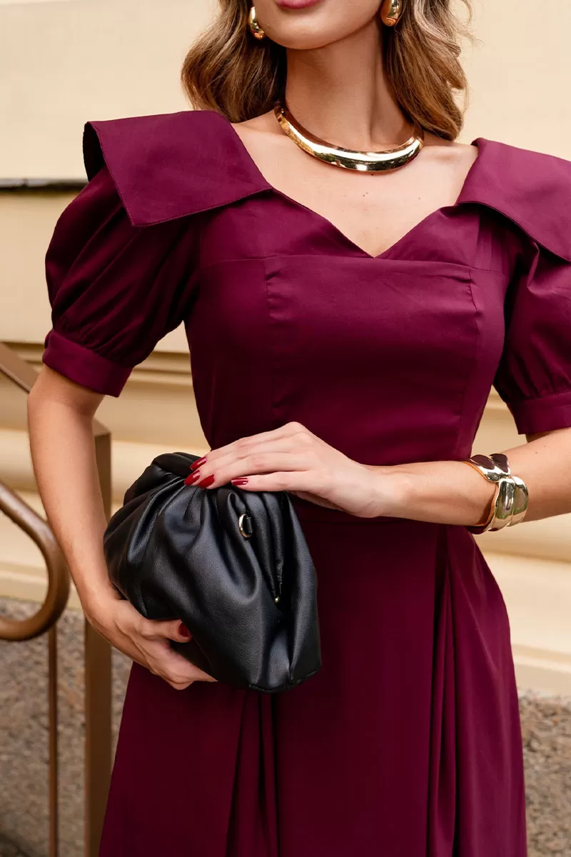 Miss Misses - Vestido Midi Karen C/ Gola E C/ Faixa Vinho - 54424006