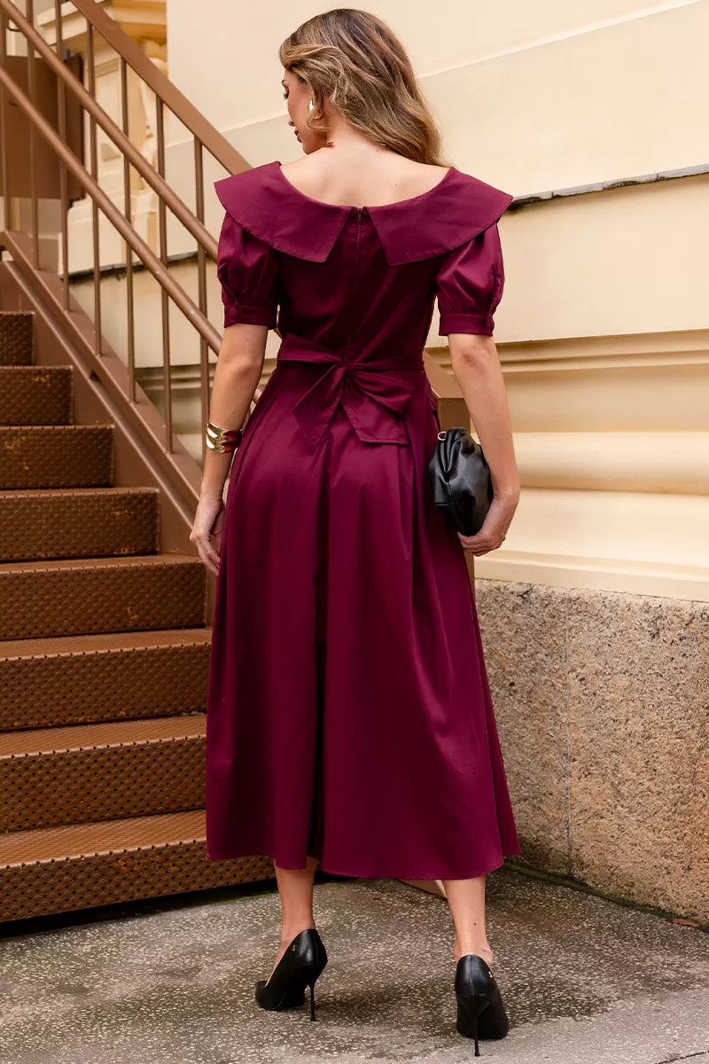 Miss Misses - Vestido Midi Karen C/ Gola E C/ Faixa Vinho - 54424006