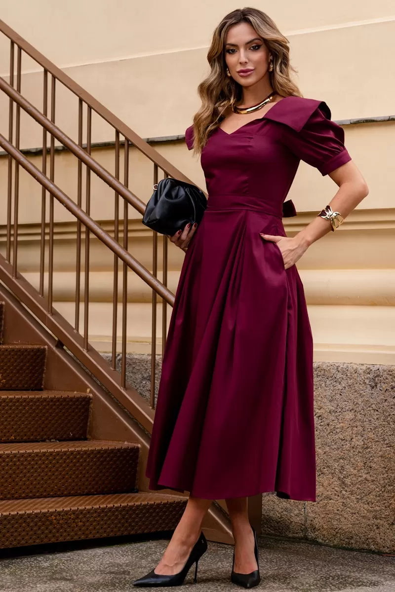 Miss Misses - Vestido Midi Karen C/ Gola E C/ Faixa Vinho - 54424006