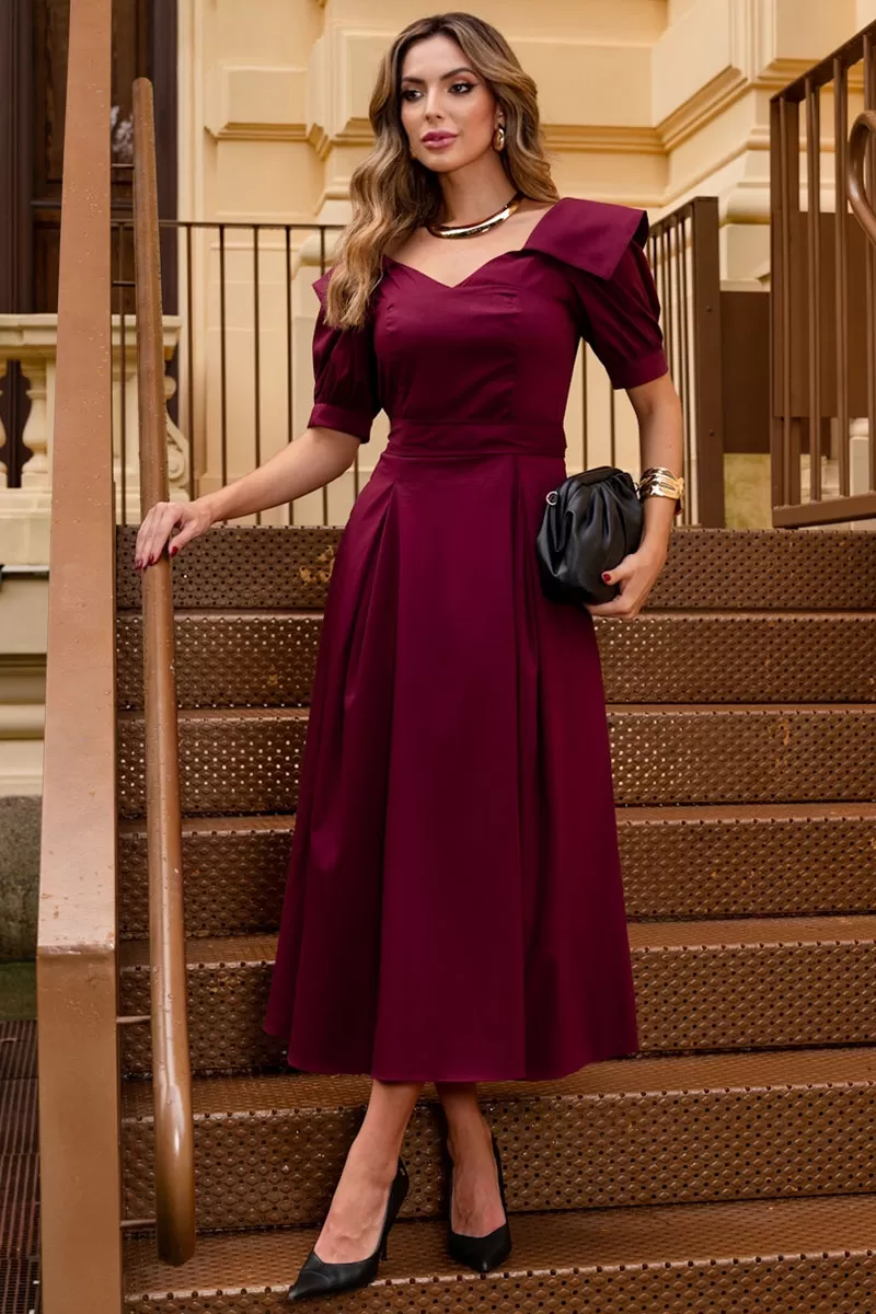 Miss Misses - Vestido Midi Karen C/ Gola E C/ Faixa Vinho - 54424006