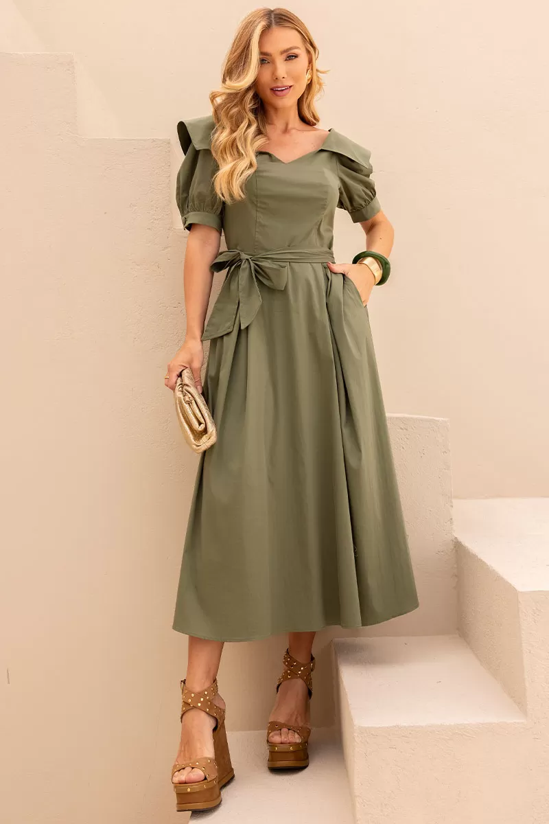 Miss Misses - Vestido Midi Karen C/ Gola E C/ Faixa Verde - 54424023