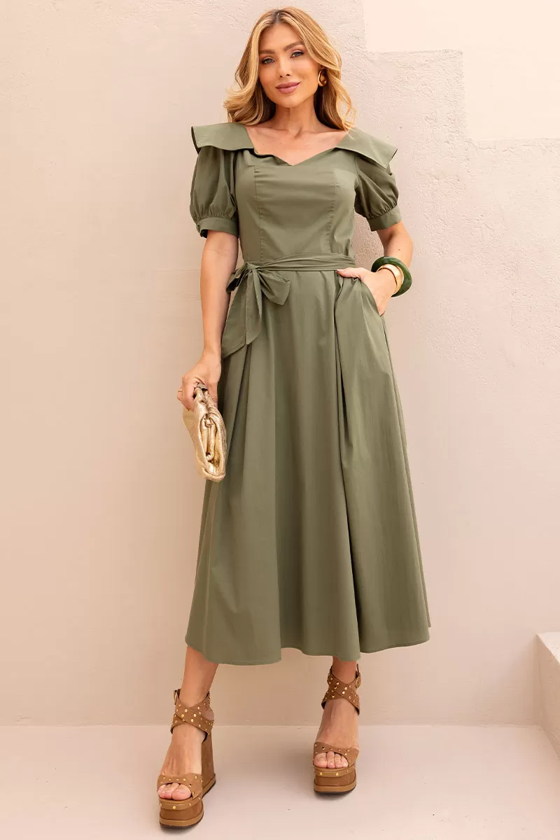 Miss Misses - Vestido Midi Karen C/ Gola E C/ Faixa Verde - 54424023