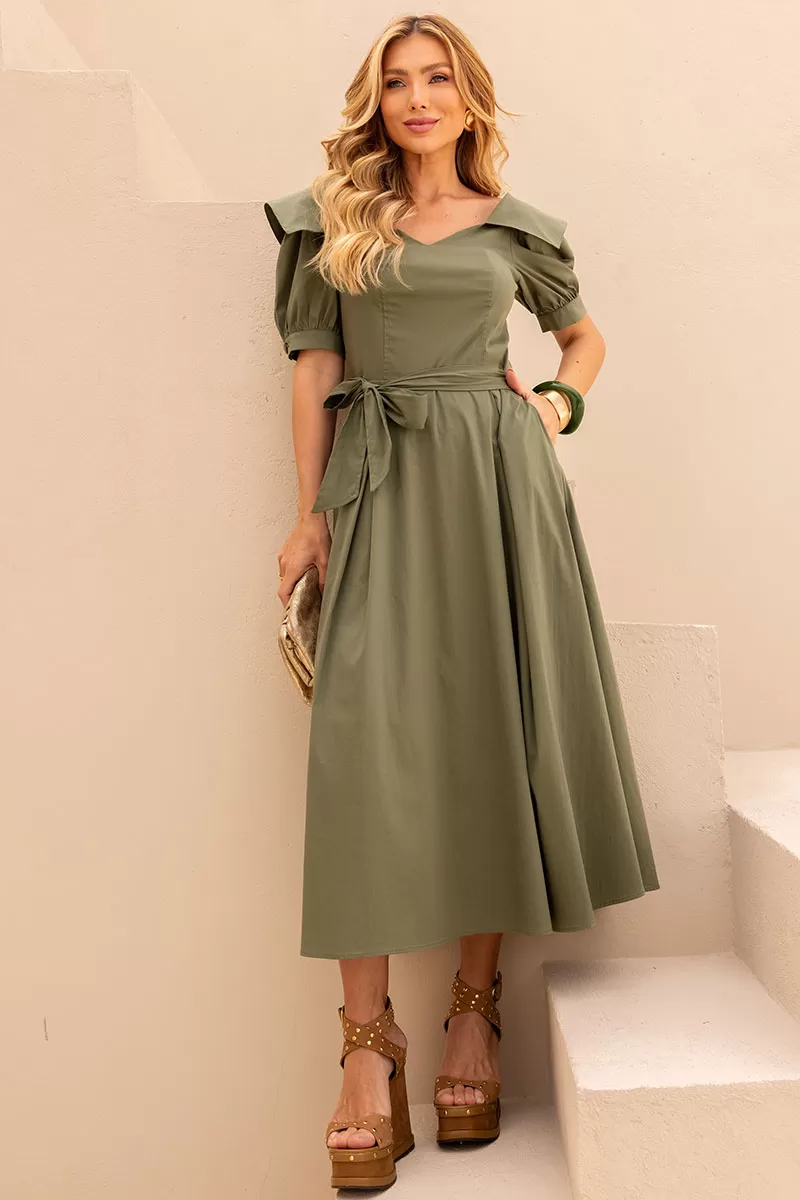 Miss Misses - Vestido Midi Karen C/ Gola E C/ Faixa Verde - 54424023