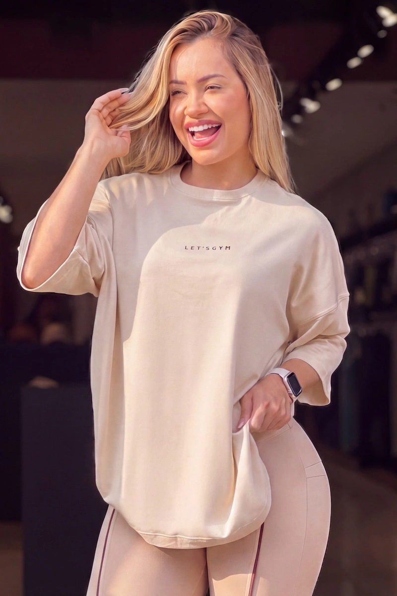 Lets Gym - Camiseta Oversized Basic Flex Bege - 2626BG