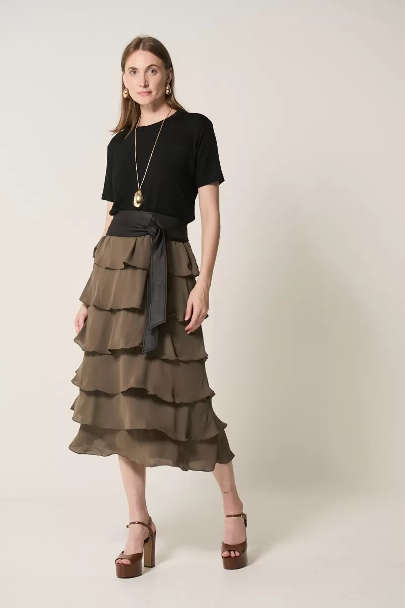 Hidrogênio - DARK GREEN GODE RUFFLED MIDI SKIRT - 20329493