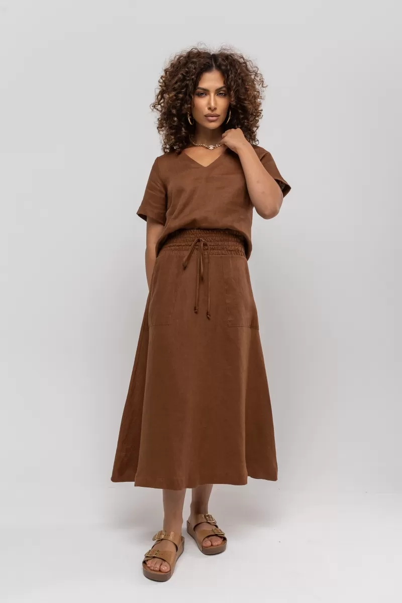 Hidrogênio - SAIA EVASÊ MIDI DE LINHO PURO MARROM - 20384031