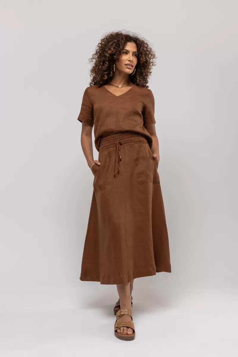 Hidrogênio - SAIA EVASÊ MIDI DE LINHO PURO MARROM - 20384031