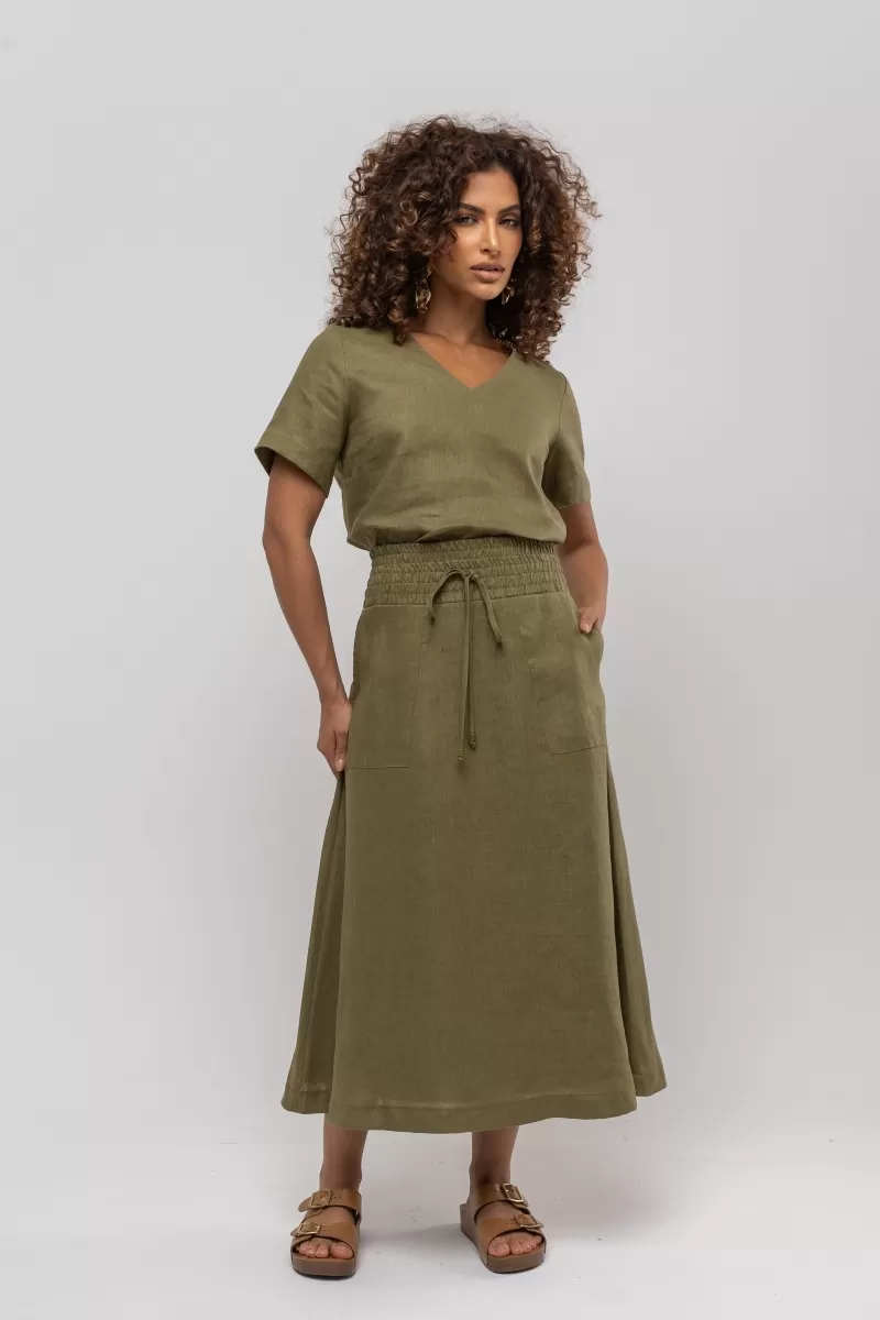 Hidrogênio - LINEN CAPIM MIDI FLARE SKIRT - 20384400