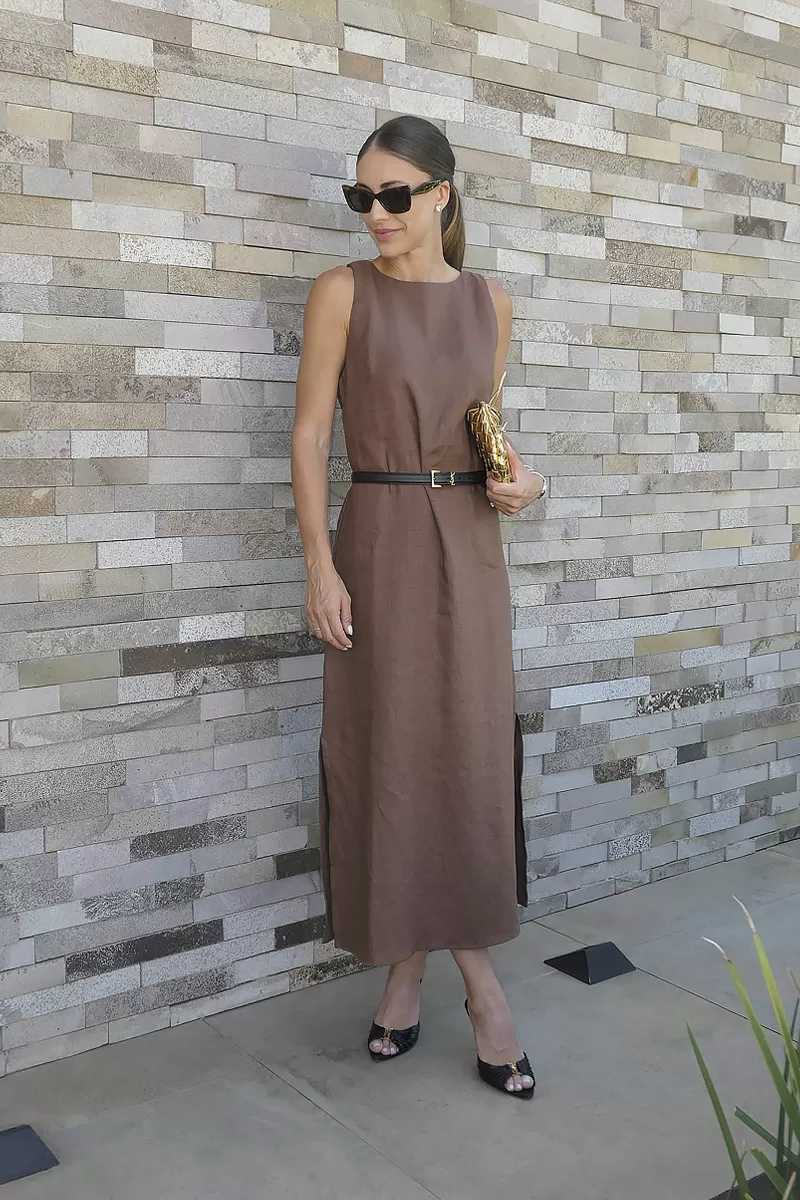 Hidrogênio - BROWN LINEN MIDI DRESS WITH SLIT - 20171031