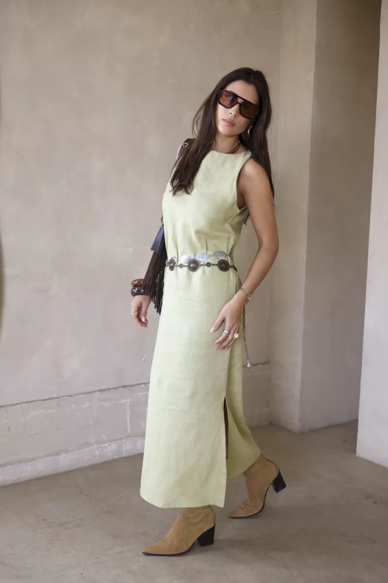 Hidrogênio - LINEN SLIT MIDI DRESS IN GRASS - 20171400