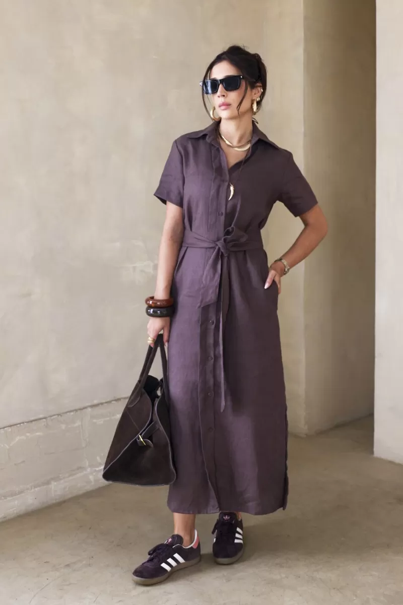 Hidrogênio - VESTIDO CHEMISIE LINHO PURO MARROM ESCURO - 20390104