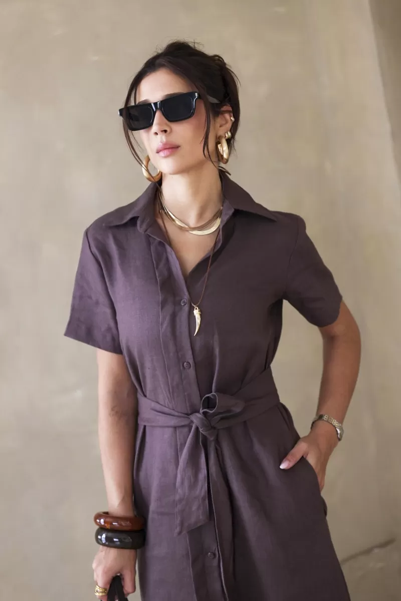 Hidrogênio - VESTIDO CHEMISIE LINHO PURO MARROM ESCURO - 20390104