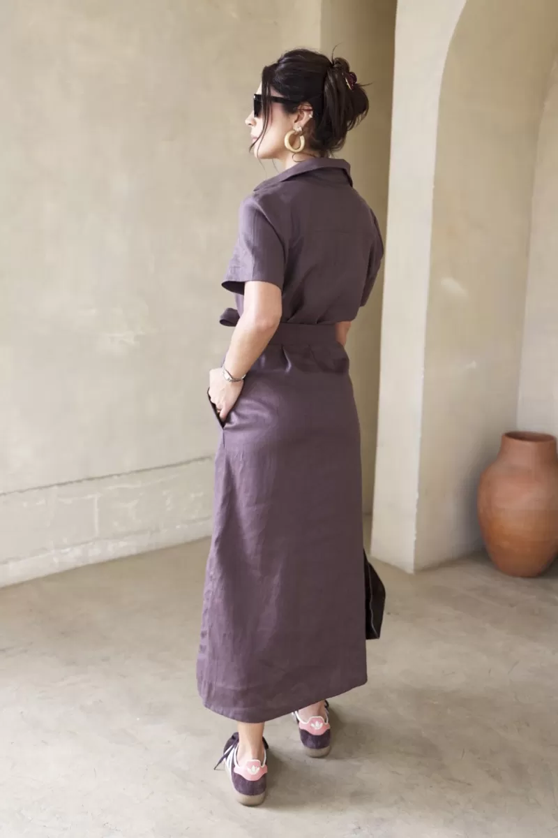 Hidrogênio - VESTIDO CHEMISIE LINHO PURO MARROM ESCURO - 20390104