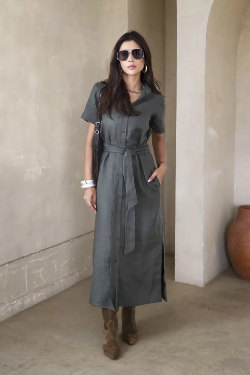 Hidrogênio - VESTIDO CHEMISIE LINHO PURO MILITAR - 20390005