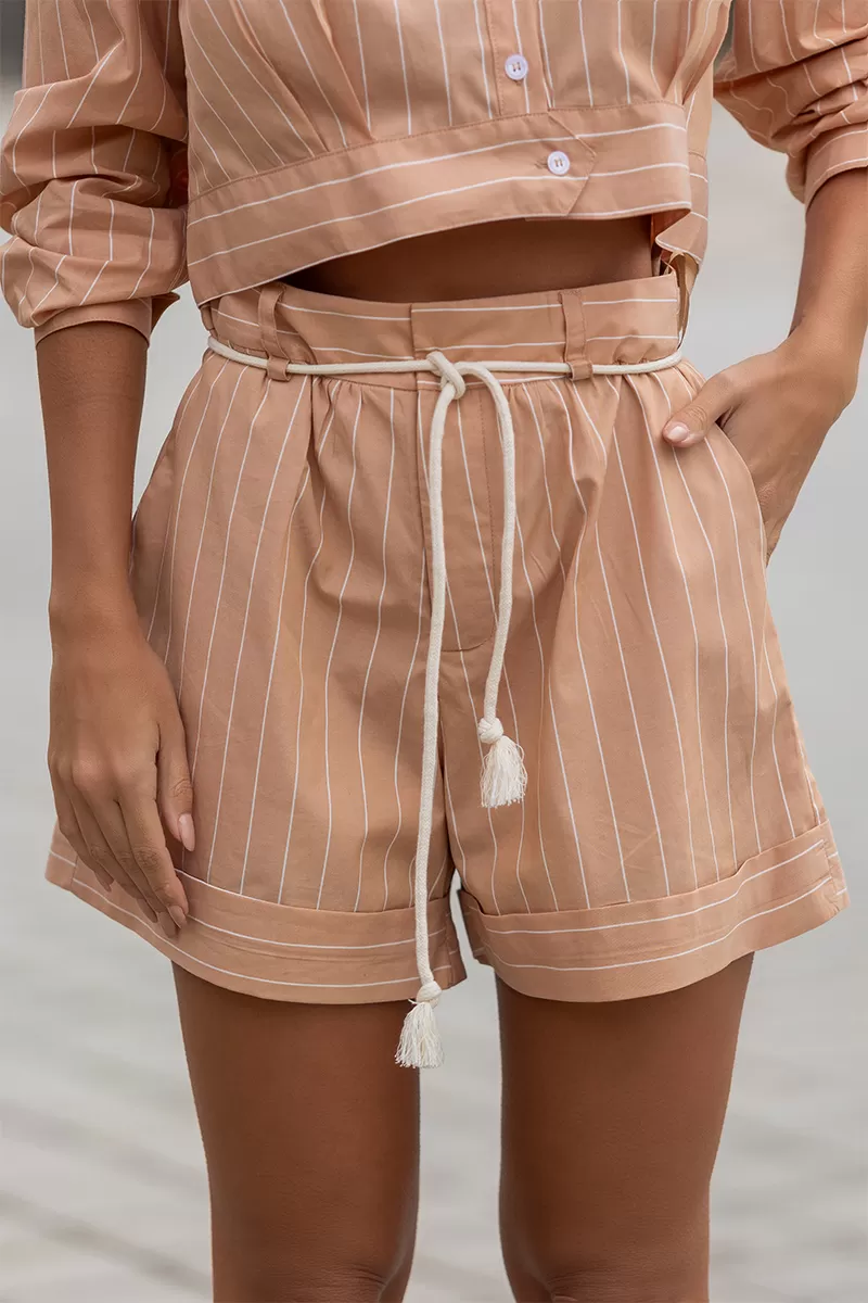 Dot Clothing - Conjunto Dot Clothing Lucy Camisa e Shorts Listrado Bege - 2675BEGE