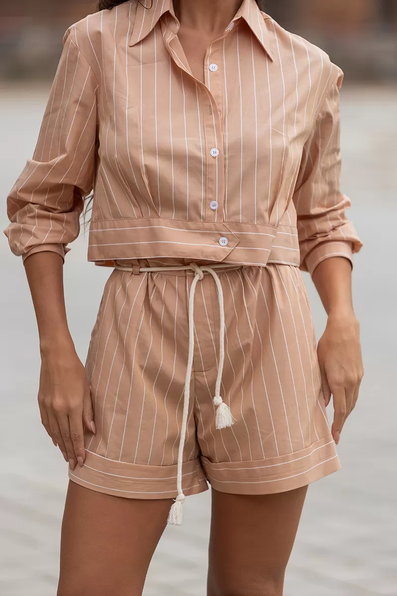 Dot Clothing - Conjunto Dot Clothing Lucy Camisa e Shorts Listrado Bege - 2675BEGE