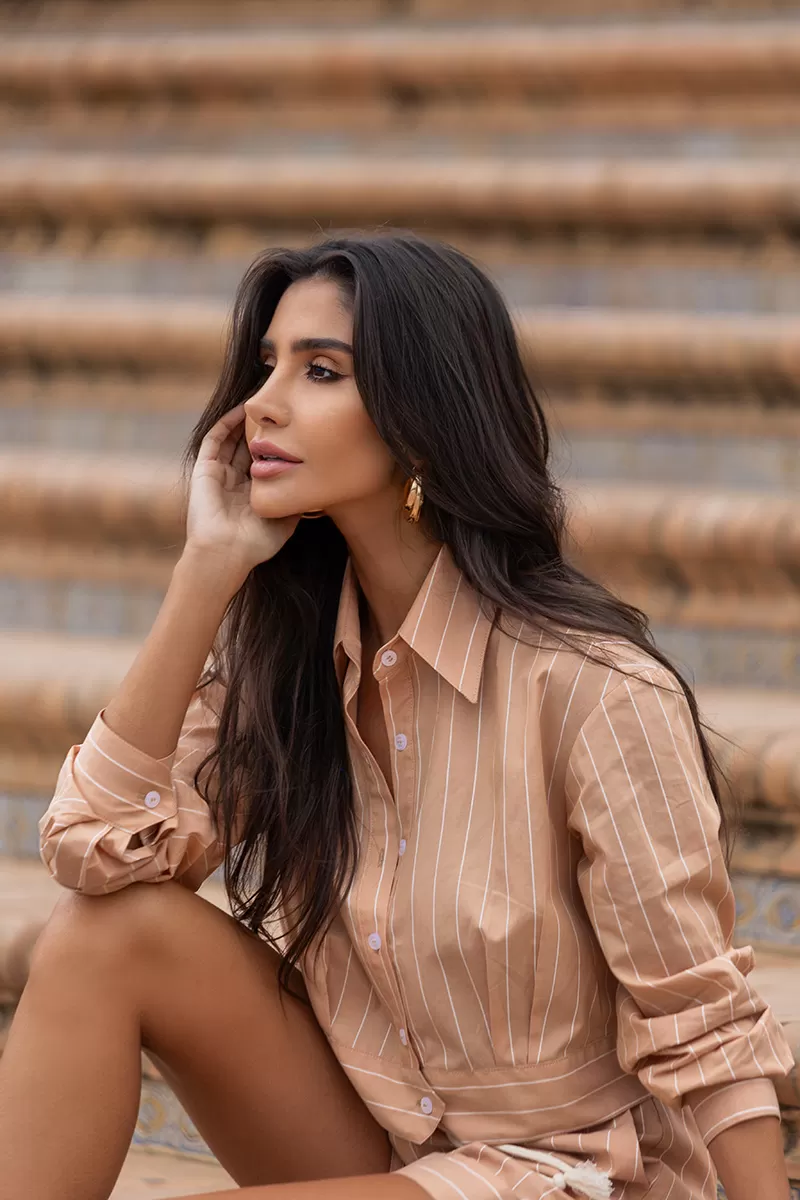 Dot Clothing - Conjunto Dot Clothing Lucy Camisa e Shorts Listrado Bege - 2675BEGE