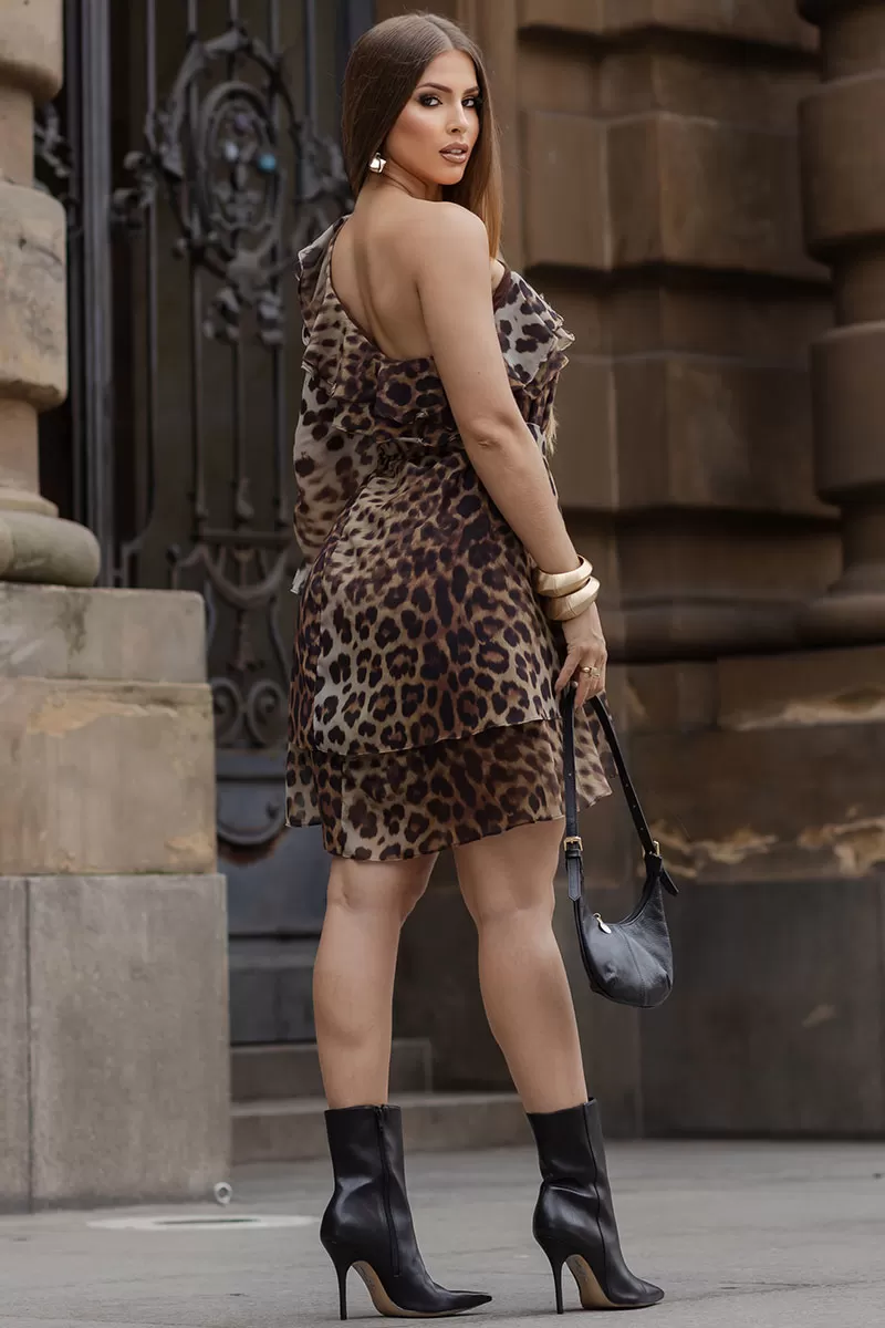 Miss Misses - Vestido Catarina Crepe Animal Print Um Ombro Só Marrom - 54541214