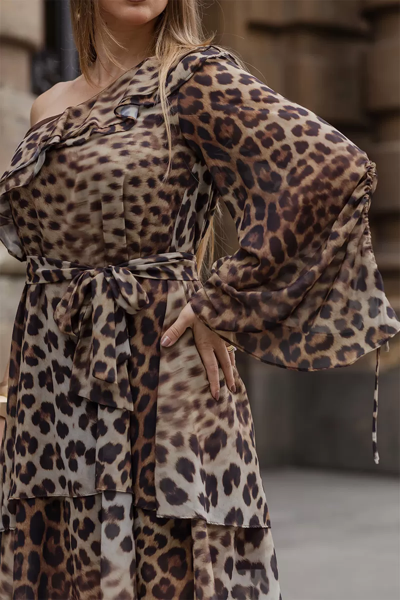 Miss Misses - Vestido Catarina Crepe Animal Print Um Ombro Só Marrom - 54541214