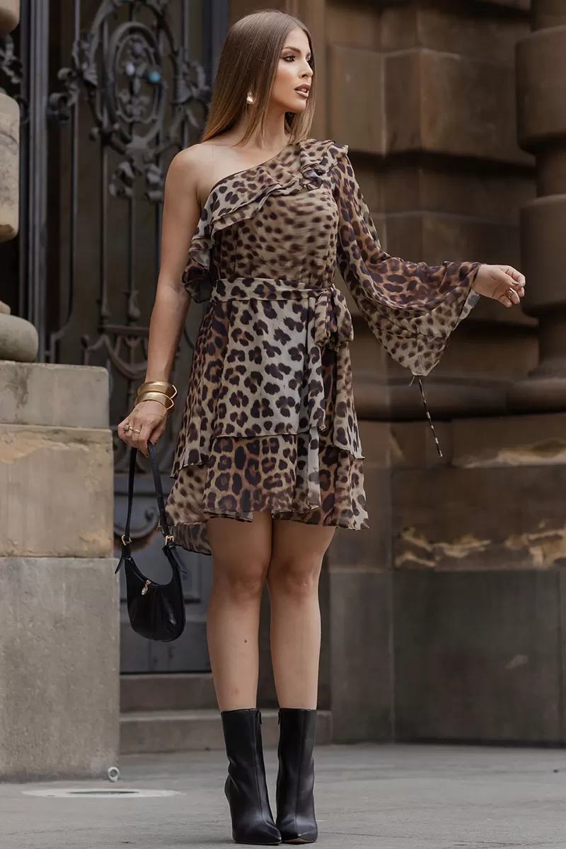 Miss Misses - Vestido Catarina Crepe Animal Print Um Ombro Só Marrom - 54541214