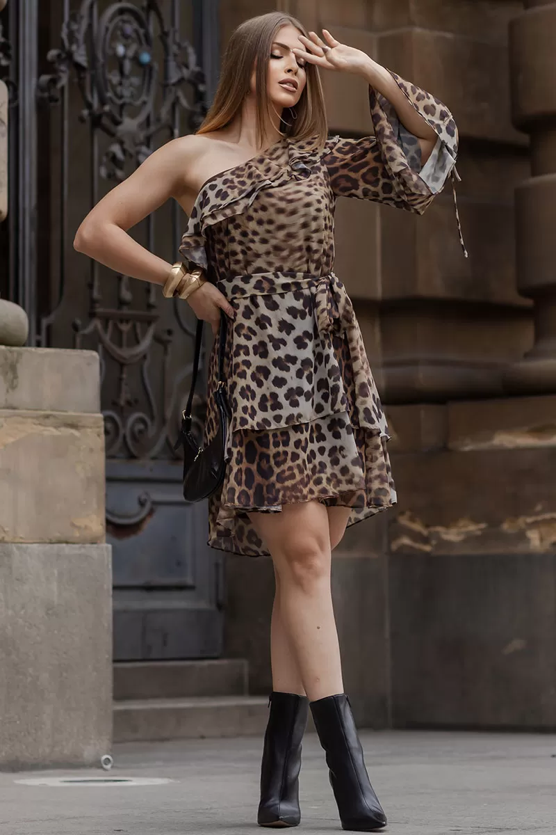 Miss Misses - Vestido Catarina Crepe Animal Print Um Ombro Só Marrom - 54541214