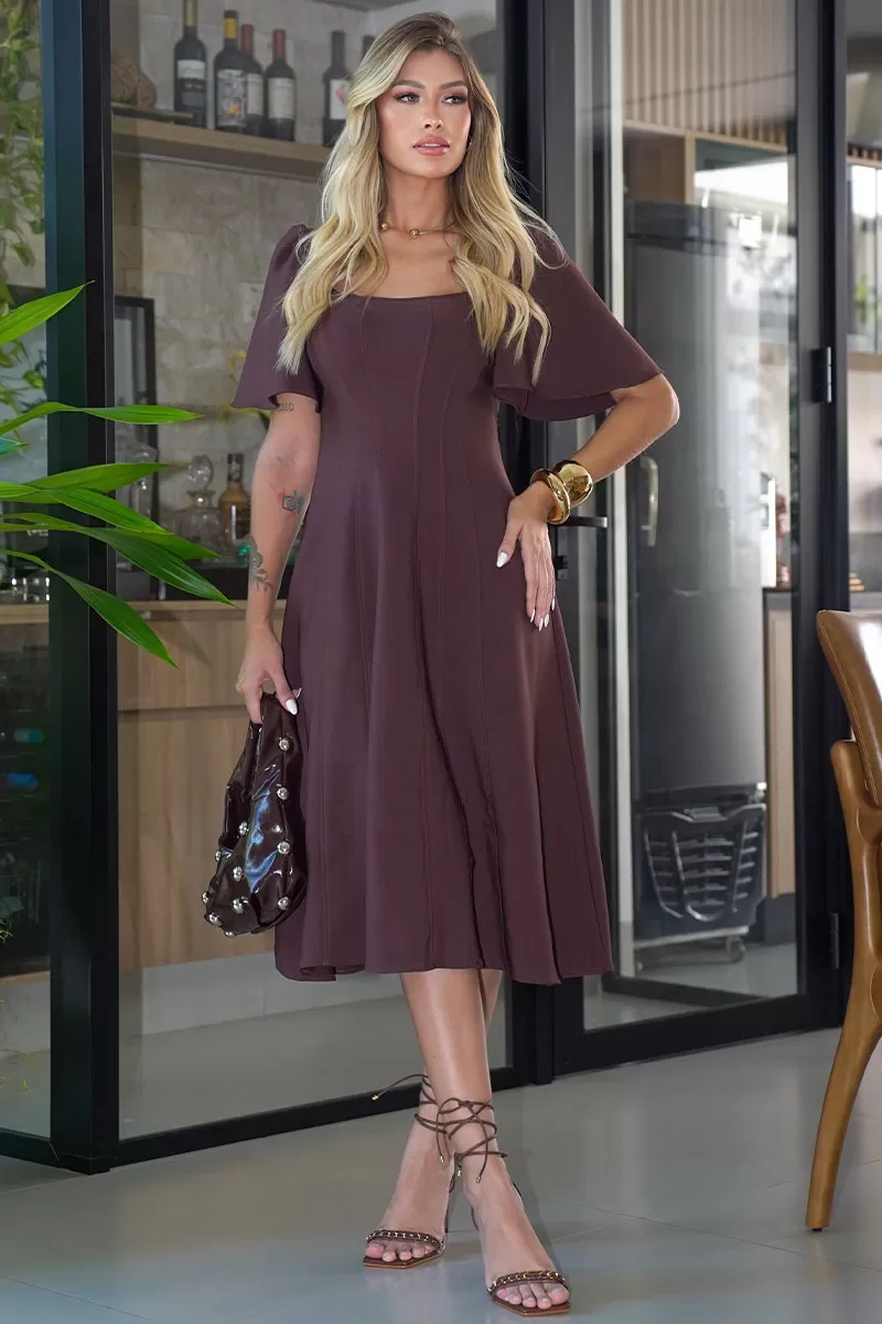 Miss Misses - Vestido Vitória Manga Sino C/ Zíper Costa Marrom - 54540214