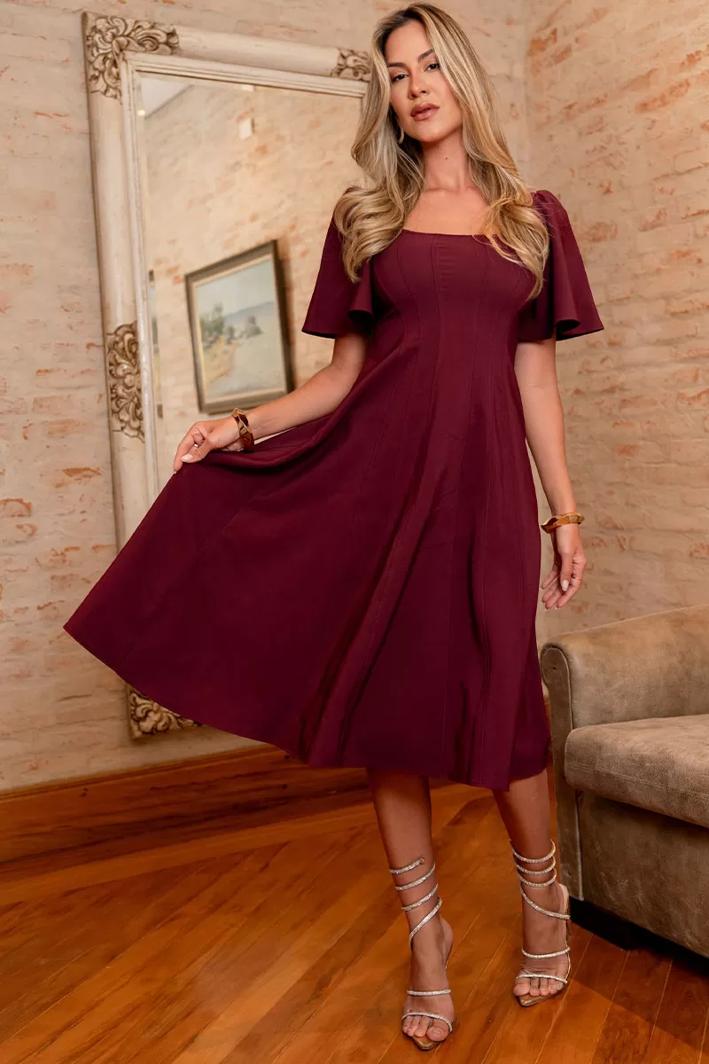 Miss Misses - Dress with Bell Sleeves and Wine-Colored Zipper - 54540006