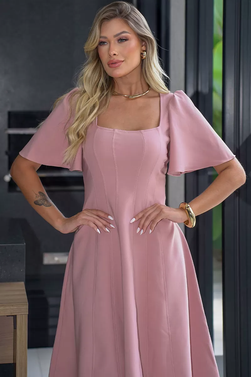 Miss Misses - Victory Dress with Bell Sleeves and Pink Back Zipper - 54540031