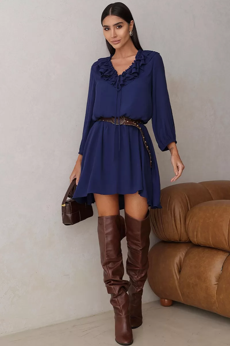 Miss Misses - Vestido Evelyn Sobreposição Manga Longa Marinho - 54534004