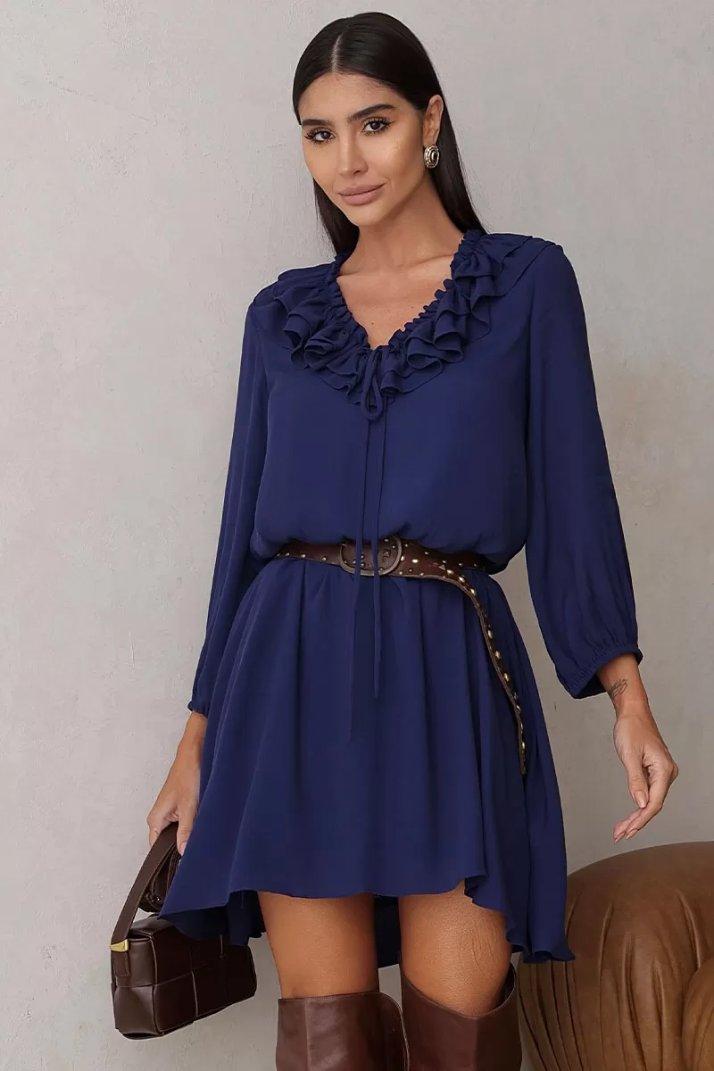 Miss Misses - Vestido Evelyn Sobreposição Manga Longa Marinho - 54534004