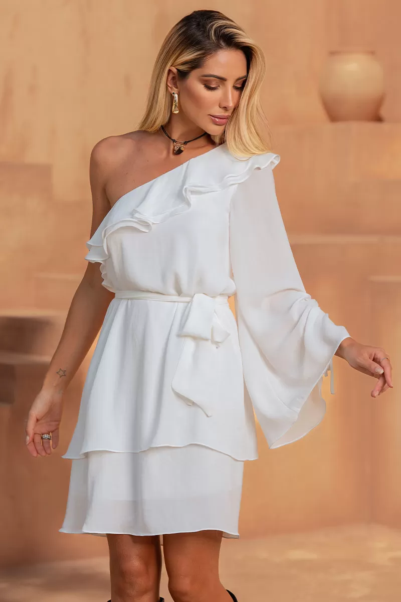 Miss Misses - Betânia Crepe One Shoulder Dress with White Frill - 54535005