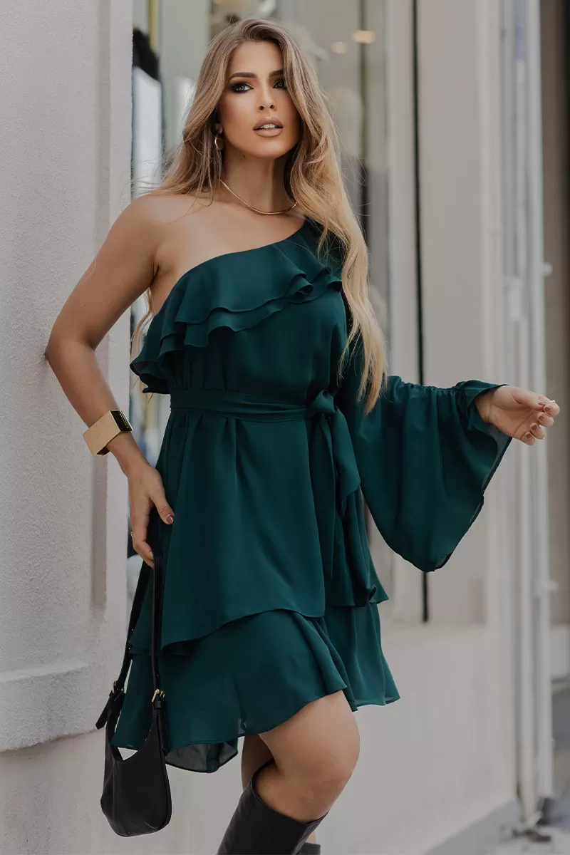 Miss Misses - Betânia Crepe One Shoulder Dress with Frill in Green - 54535023