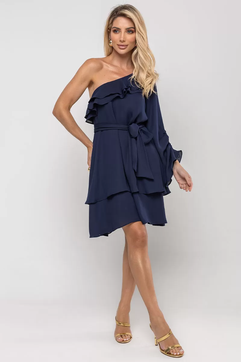 Miss Misses - Vestido Betânia Crepe Um Ombro Só C/ Babado Marinho - 54535004