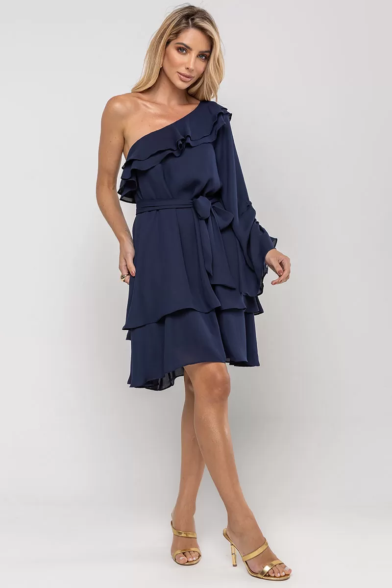 Miss Misses - Betânia Crepe One Shoulder Dress with Frill Navy Blue - 54535004