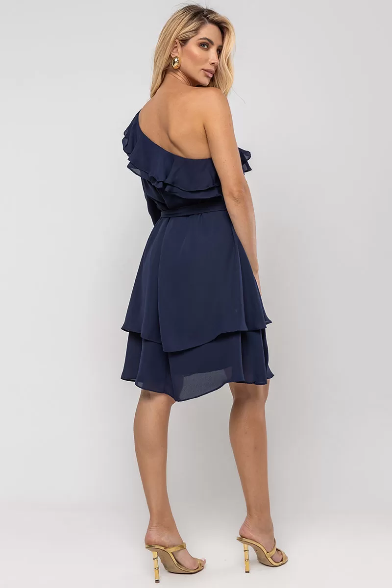 Miss Misses - Vestido Betânia Crepe Um Ombro Só C/ Babado Marinho - 54535004