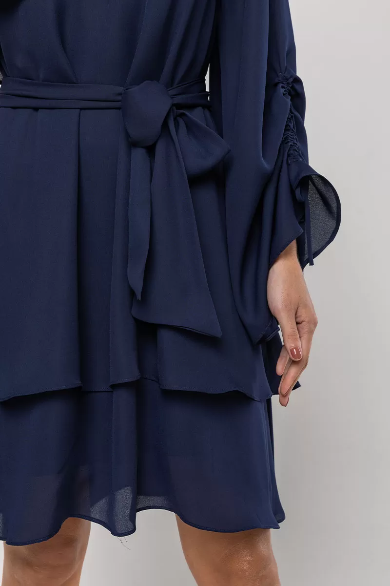 Miss Misses - Vestido Betânia Crepe Um Ombro Só C/ Babado Marinho - 54535004