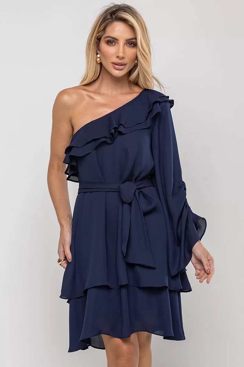 Miss Misses - Vestido Betânia Crepe Um Ombro Só C/ Babado Marinho - 54535004