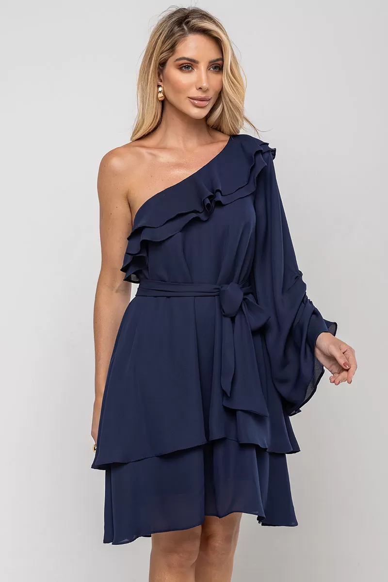 Miss Misses - Vestido Betânia Crepe Um Ombro Só C/ Babado Marinho - 54535004