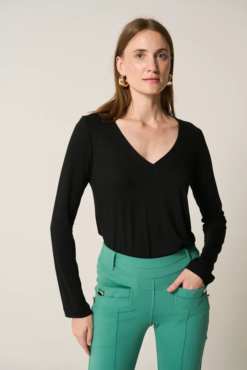 Hidrogênio - BLACK LONG SLEEVE V-NECK BLOUSE - 20362001