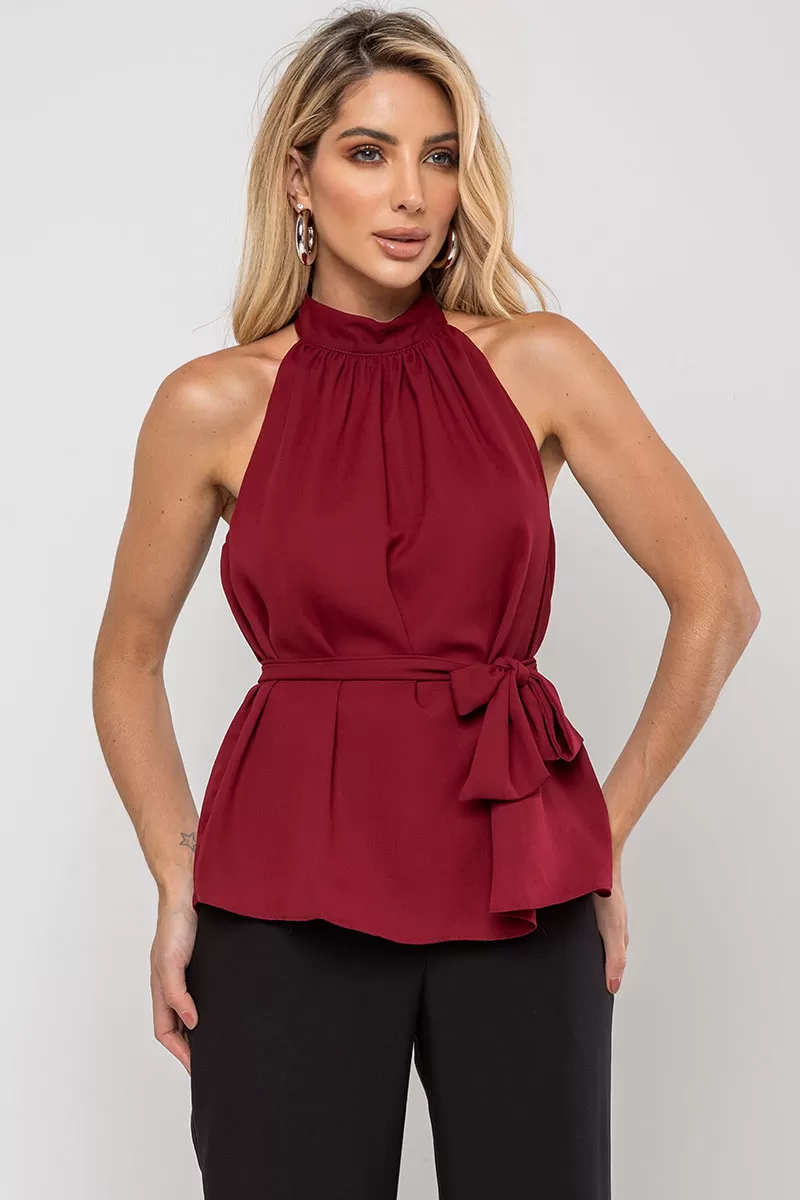 Miss Misses - Nivia Crepe Shirt with Bow on the Collar Wine - 54479006