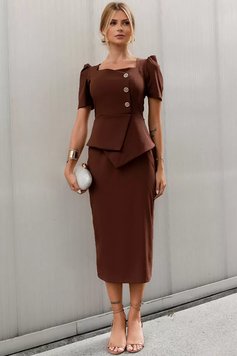 Miss Misses - Vestido Esther Midi com Botoes Marrom - 54523214
