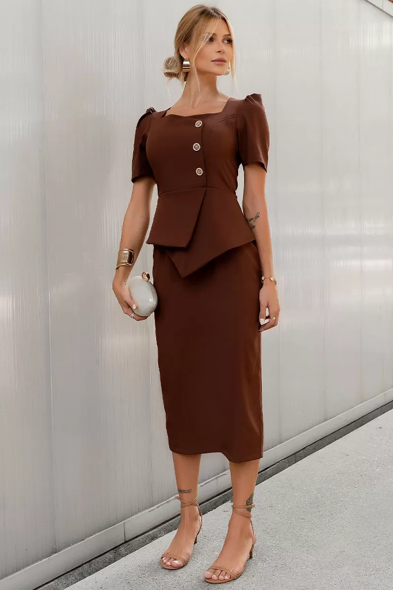 Miss Misses - Esther Midi Dress with Brown Buttons - 54523214